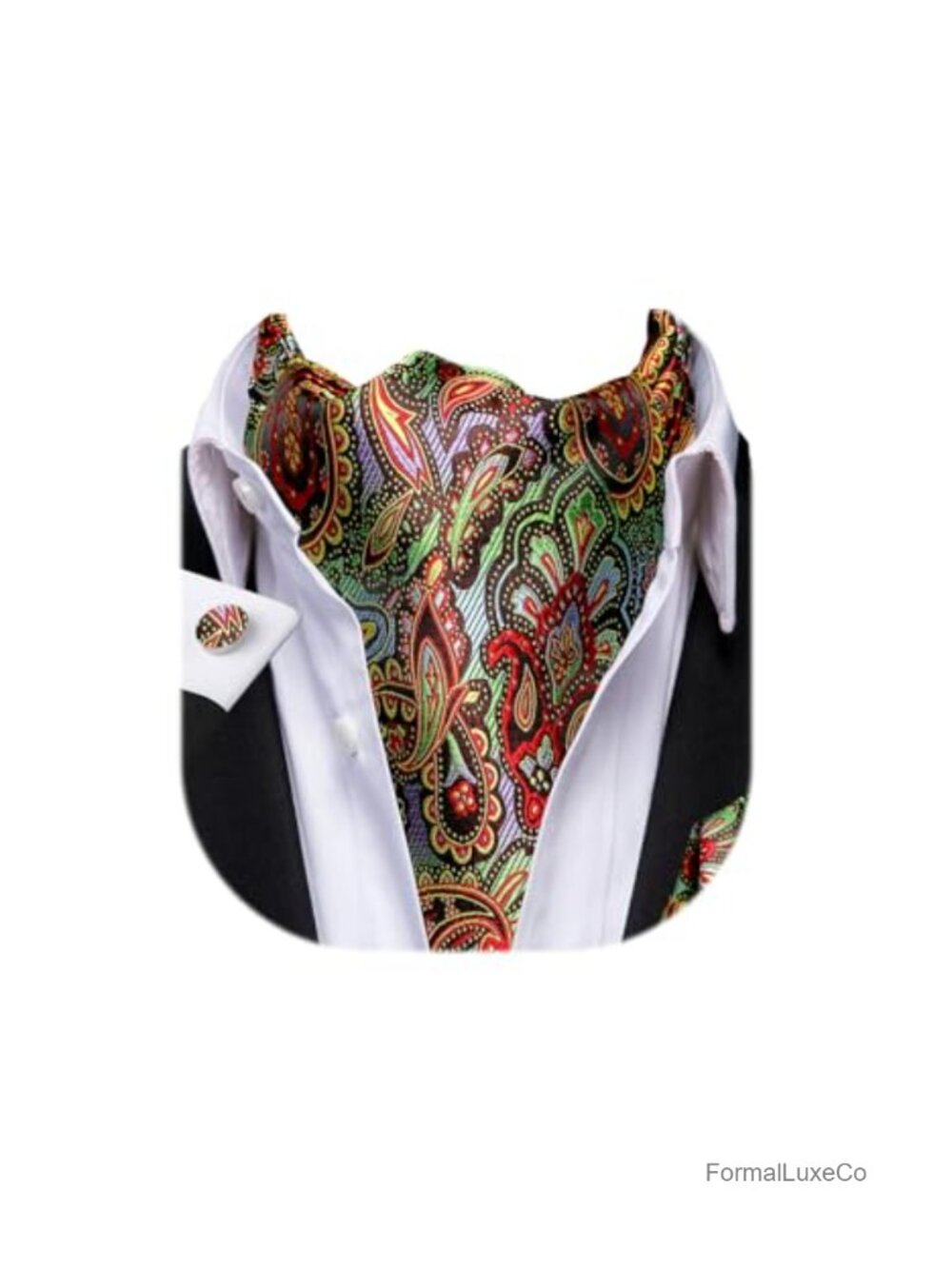 Men's Paisley Floral Silk Ascot Cravat with Pocket Square and Cufflinks Set -